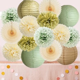 Sage Green Party Decorations Sage Green Cream Gold Garland Pom Poms Paper Fan Olive Sage Gold Tissue Paper for Baby Shower Bridal Shower Birthday Decoration Wedding