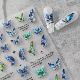 Butterfly Nail Art Stickers 5D Embossed Butterfly Nail Stickers Self-Adhesive Nail Decals for Women Girls DIY Manicure Nails Art Design Decoration Accessories(1, Blue Butterfly)