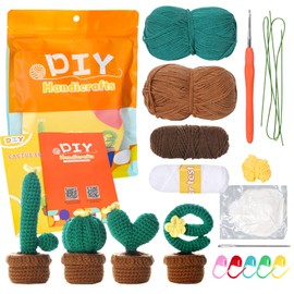 Whaline 4Pcs Cactus Crochet Kit for Beginner Adults Love Shaped Cactus Potted DIY Knitting Kit Crochet Kits for Beginners Adults & Kids with Step-by-Step Instructions and Video Tutorials