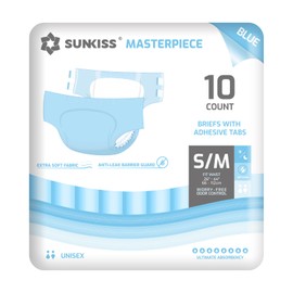SUNKISS Masterpiece Adult Diapers with Tabs, Unisex Disposable Incontinence Briefs for Women and Men, Odor Control, Blue, S/M, 10 Count