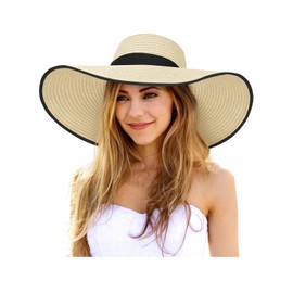 Sun Hats for Women Oversize Wide Brim Straw Beach Hat UV Protection Floppy Foldable Roll-Up Travel Summer Vacation UPF 50+ Beige Black