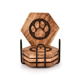 Mahasu Coaster Set Iron & Acacia Wood Set of 4 Wooden Paw Coaster with Iron Holder Stand Housewarming Gift Kitchen Décor (SET OF 4)