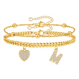 BRIJEWLIC Initial Gold Anklets for Women, 14K Gold Plated Ankle Bracelets for Women Initial Anklet for Women Gold Ankle Bracelets for Women Heart Cuban Link Anklets for Womens Jewelry（M）