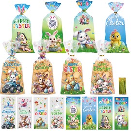100Pcs Easter Cellophane Sweet Bags 8 Styles Plastics Easter Treat Bags with Twist Ties Bunny,Bhick, Egg Pattern Goodie Bags for Easter Gifts Snack Candy Party Suplly