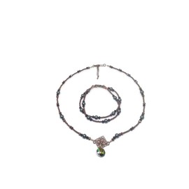 Beaded Necklace and 2 Strand Twisted Bracelet Set with Green Austrian crystal Pearls and Purple Crystals.