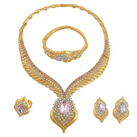 LifflyLadys Gold Necklace Set for Women Coquette Pink Jewelry Gift Fashion Gold Jewelry Pink Necklace Bracelet Earrings Ring for Brides Bridesmaid Accessories