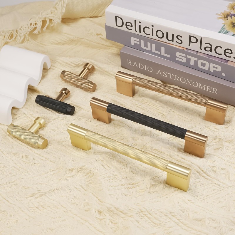 BUKOBYHE 10 Pack 5Inch Kitchen Cabinet Handles Brushed Brass Knurled