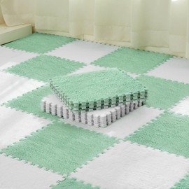 Amylove 36 Pcs Plush Foam Floor Mat Square Interlocking Carpet Tiles with Border Fluffy Play Mat Floor Tiles Soft Climbing Area Rugs for Home Playroom, 12 x 12 x 0.4 Inch(White, Mint Green)