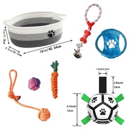 Domchan 7 Pcs Puppy Dog Toys Storage Basket Set Dog Gift Chew Toys for Teething Squeaky Plush Duck Rope Woven Basket with Handles for Small Puppy