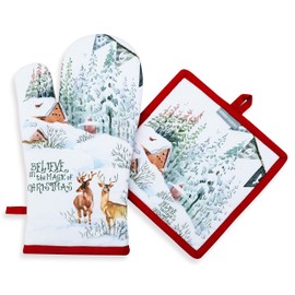 AMOUR INFINI Pot Holders and Oven Mitts|100% Cotton Christmas Winter Heat Resistant Non Slip Washable Set of 1 Oven Mitt and 1 Pot Holder|Thanksgiving Christmas Fall Festive BBQ Baking Kitchen Set