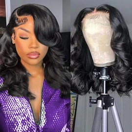 14 Inch Bob Wig Human Hair 13x6 Body Wave Lace Front Wigs Human Hair 180% Density Pre Plucked Short Bob Wigs for Women Glueless Frontal Wigs Human Hair Natural Black