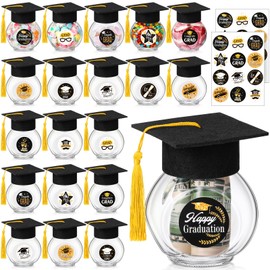 Funnymoom 20 Sets Glass Graduation Candy Gifts Glass Jar with Cap and Tassel Graduation Candy Boxes Containers with Sticker for 2025 Grad Ceremony Party Decoration DIY Supplies(Black and Gold)