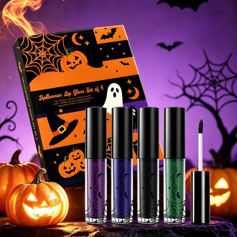 4PCS Halloween Matte Liquid Lipstick Set,Green Blue Black Lip Gloss