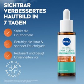 NIVEA Derma Skin Clear Rebalance & Clear Serum, Face Care for Visibly Improved Skin, Moisturising Hyaluronic Serum with Niacinamide (30 ml)