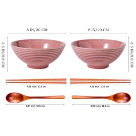 Ceraozmus Ceramic Ramen Bowl Set - Set of 8, 2 x Ramen Bowls with Chopsticks, Ceramic Bowl & Frame Spoon for Asian Noodles and Udon (2-Piece Bowl Set) (Pink 2 sets)