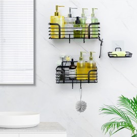 Shower Caddy, Adhesive Shower Organizer with Soap Dish and 4 Hooks, Rustproof Stainless Steel Shower Shelves, Wall Mounted No Drilling Storage Shelf Basket Accessories for Bathroom & Kitchen