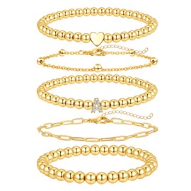 HZEYN 14K Gold Bracelets for Women - Beaded Stretch Bracelet Stack With Letter A Initial - Jewelry Set
