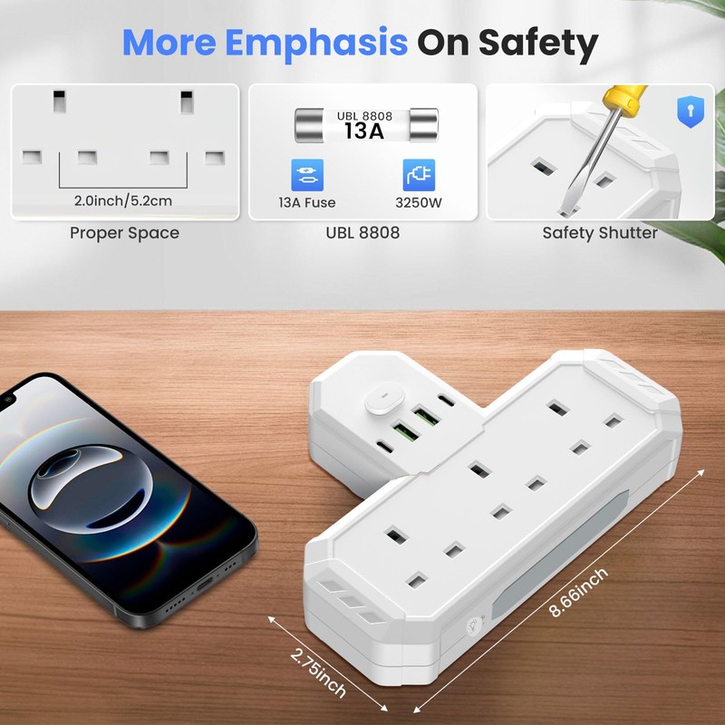 Multi Plug Adapter with USB C, 3 Way Plug Adaptor
