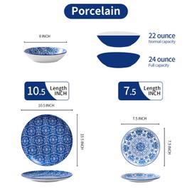 Bestone Ceramic 12-Pieces Dinnerware Sets, Ceramic Dish Plates and Bowls Sets, Dishes Set for 4, Dinner Salad Dessert Plates, and Cereal Bowls Set, Gift,Vintage Blue