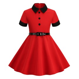 Girls Peter Pan Collar Dress Short Sleeve 50s Style Dress for Kids 1950s Dresses for Girls Rockabilly Dresses Little Girls Vintage Dresses Audrey 50's Retro Dress Short Party Swing Dress Red 5-6 Years