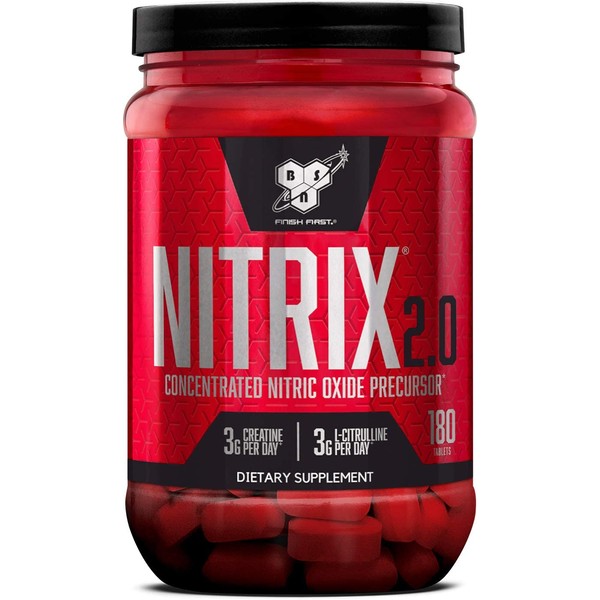 BSN NITRIX 2.0 - Nitric Oxide Precursors, 3g Creatine, 3g L Citrulline - Supports Workout Performance, Pumps, Muscle Recovery and Endurance - 180 Tablets (1049682)