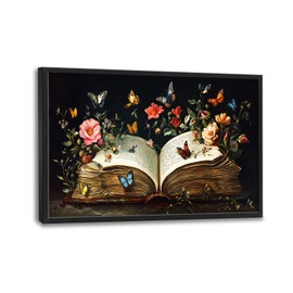 Book Wall Art, Vintage Flower Books Pictures Wall Decor, Retro Floral Butterfly Canvas Prints, Large Framed Artwork for Library Reading Room Classroom Bedroom Living Room 36"x 24"
