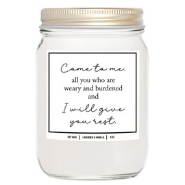 YouNique Designs Come to Me Candle with Bible Verse Candle, Christian Candle 8 oz, Faith Candle, Christian Candles with Scriptures, Unique Gifts for a Christian (Mahogany Teakwood)