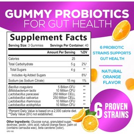 Probiotic Gummies for Digestive & Immune Health, 5 Billion CFUs, 6 Strains, Orange Flavor, 60 Count