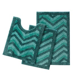 Hearth & Harbor Bathroom Rugs, Shaggy Plush Bath Mat, Ultra Soft Non Slip Backing Rubber, Chevron Design Bath Rug, Green, 3 Piece Set