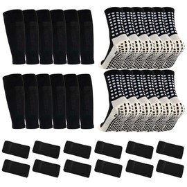 Ukontagood 6 Pairs Grip Soccer Socks 6 Pairs Soccer Sleeve Socks with 12 PCS Shin Guard Straps for Youth Adults Black