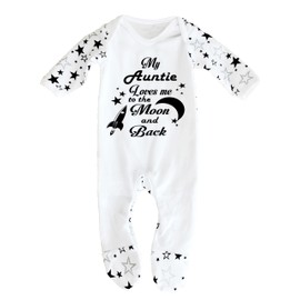 My Auntie Loves Me to the Moon and Back - 100% Ultra-Soft Cotton Newborn Sleepsuit for Baby Niece Nephew (White/Black Stars, 0-3 Months)