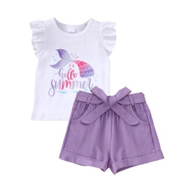 Toddler Baby Girls Clothes Summer Outfits Ruffle Sleeve T-shirts Top + Linen Shorts with Belt Cute Girl Clothes Sets