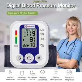 TradeProvider Blood Pressure Monitor Digital Upper Arm BP Machine with, Double Memory, LCD Display Large Cuff (22–36cm), Heart Rate Hypertension Monitor, Home Use (Blue-White BPM) (Grey)
