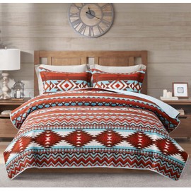 Southwestern Bedding Set Western Tribal Aztec Rustic Native American Navajo Quilt Sets 3 Piece Geometric Tan Red Turquoise Bedspread Comforter Sets, King Size (90" x 96", 1 Quilt + 2 Pillow Shams)