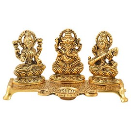 Houzzplus Laxmi Ganesh Saraswati Idol - Decorative Platter with Diya - Laxmi Ganesha Murti - Showpiece - Antique Gift (19 cm x 9 cm x 10 cm, Gold)