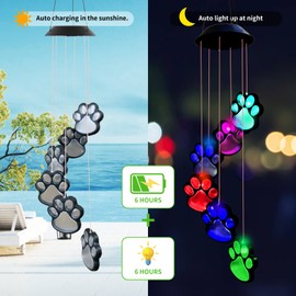 Paw Print Solar Wind Chimes for Outside, Dogs Cat Pet Pawprint Remembrance Wind Chimes,Waterproof Color Changing Solar Hanging Lights,Sympathy Gift for Pet Lover,Balcony,Patio,Yard Decor