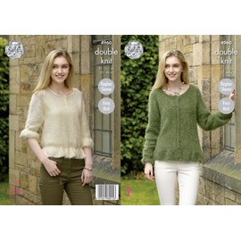 King Cole 4960 Knitting Pattern Womens Easy Knit Raglan Sweater and Cardigan in King Cole Embrace DK