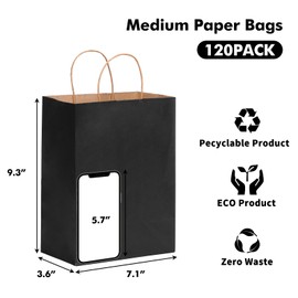 OUTUXED 120pcs Gift Bags, Black Paper Bag with Handles 7.1x3.6x9.3in Medium Size Kraft Bags for Party, Businesses