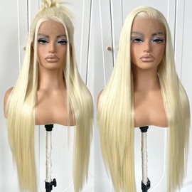 MITIMES 13x6 HD Long Straight Lace Front Wig White Glueless Straight Hair Lace Front Wig Pre Plucked Yaki Synthetic 613 Lace Front Wig 32inch