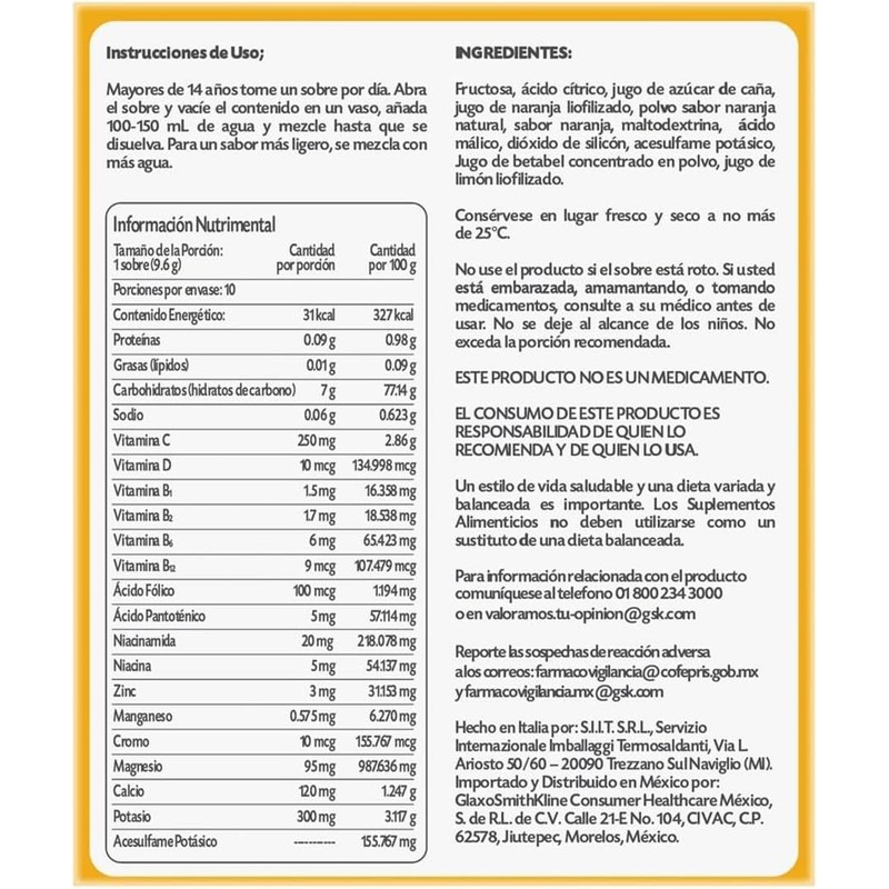 Emergen-C, Suplemento Alimenticio sabor Limón. Polvo Efervescente. Caja con 10