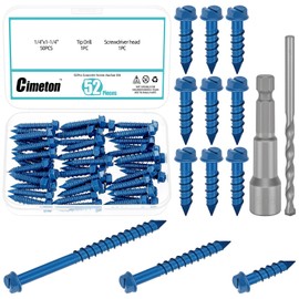Cimeton 52PCS 1/4” x 1-1/4” Blue Slotted Hex Washer Head Concrete Screws Anchor Self Tapping Cement Screws with Drill Bit Assortment Kit for Anchoring to Masonry Block Brick