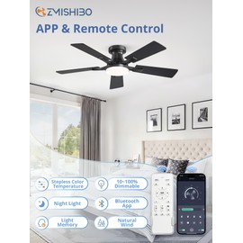 ZMISHIBO 42 Inch Ceiling Fan with Light, App&Remote Control, Flush Mount Low Profile, Dimmable 20W LED Light, Quiet Reversible Motor for Bedroom, Living Room, Apartment, Black