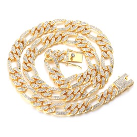 Halukakah Men's Gold Chain Iced Out, 12 mm Cuban Chain Miami 18 Carat Real Gold-Plated / Platinum Plated White Gold Collar Necklace Bracelet, Full CZ Diamond Prong Set, Gift for Him, Gold Plated