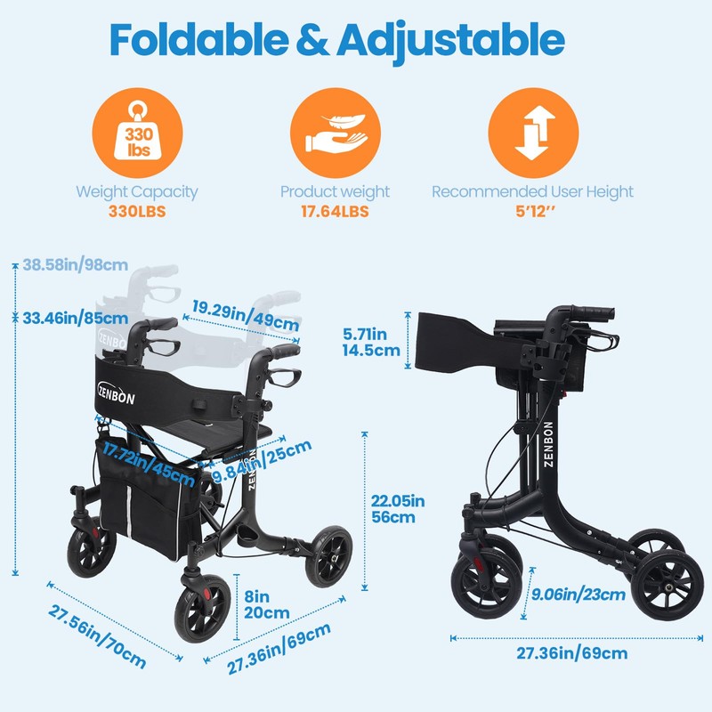 Rollator Walker for Seniors/Adults Foldable Rolling Walker with Seat 330