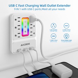 Outlet Extender with USB C, AICODE Multi Outlet Surge Protector with Nightlight, 6 Outlet Wall Plug with USB (3 USB A and 1 USB C),Wall Mount Multiple Plug Outlet Power Strip for Home,Dorm, Office