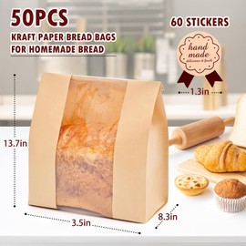 Sysmashing Paper Bread Bags 50pcs,Homemade Bread Storage Bags with Clear Window,Bakery Packaging Bags for Cookies,Bread and Treats,Large Kraft 13.7x8.2x3.5inch Brown
