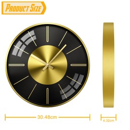 TOKTEKK Wall Clock Without Ticking Noises Silent Modern Wall Clocks 12 Inch Round Silent Kitchen Clock Aluminium Wall Clock for Living Room Kitchen Bedroom and Office (Black Gold Scale)