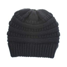 Women Ponytail Beanie Hat Outdoor Winter Warm Stretch Cable Knitted Cap Messy Bun Hat (Black)