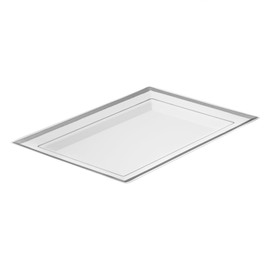 Restaurantware Moderna 7.5 x 5.3 Inch Premium Disposable Plates 10 Rectangular Plastic Plates For Parties - Silver-Rimmed Durable White Plastic Dinner Plates For Warm And Cold Foods