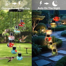 Multicolor Solar Wind Chimes Hummingbird Feeder for Outdooors, Hand-Blown Glass Bird Feeders with Leak-Proof Design, Perfect Garden Patio Decor